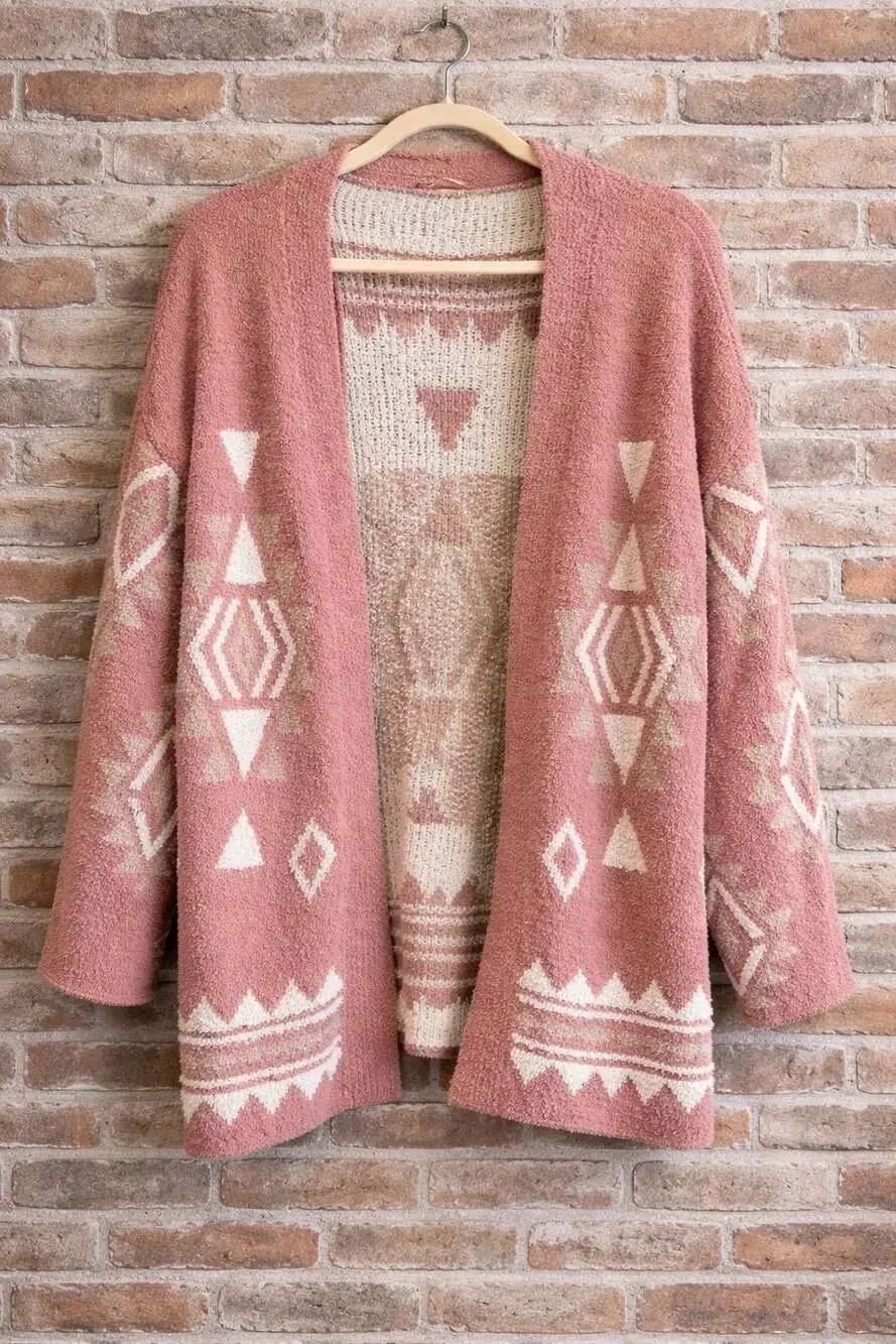 New In Mauve Pink Aztec Geometric Open Front Fuzzy Cardigan